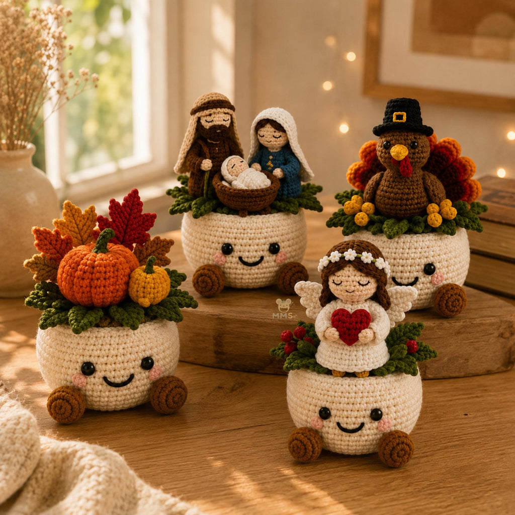 Handmade "Give Thanks & Faith" Crochet Holiday Decor Pot