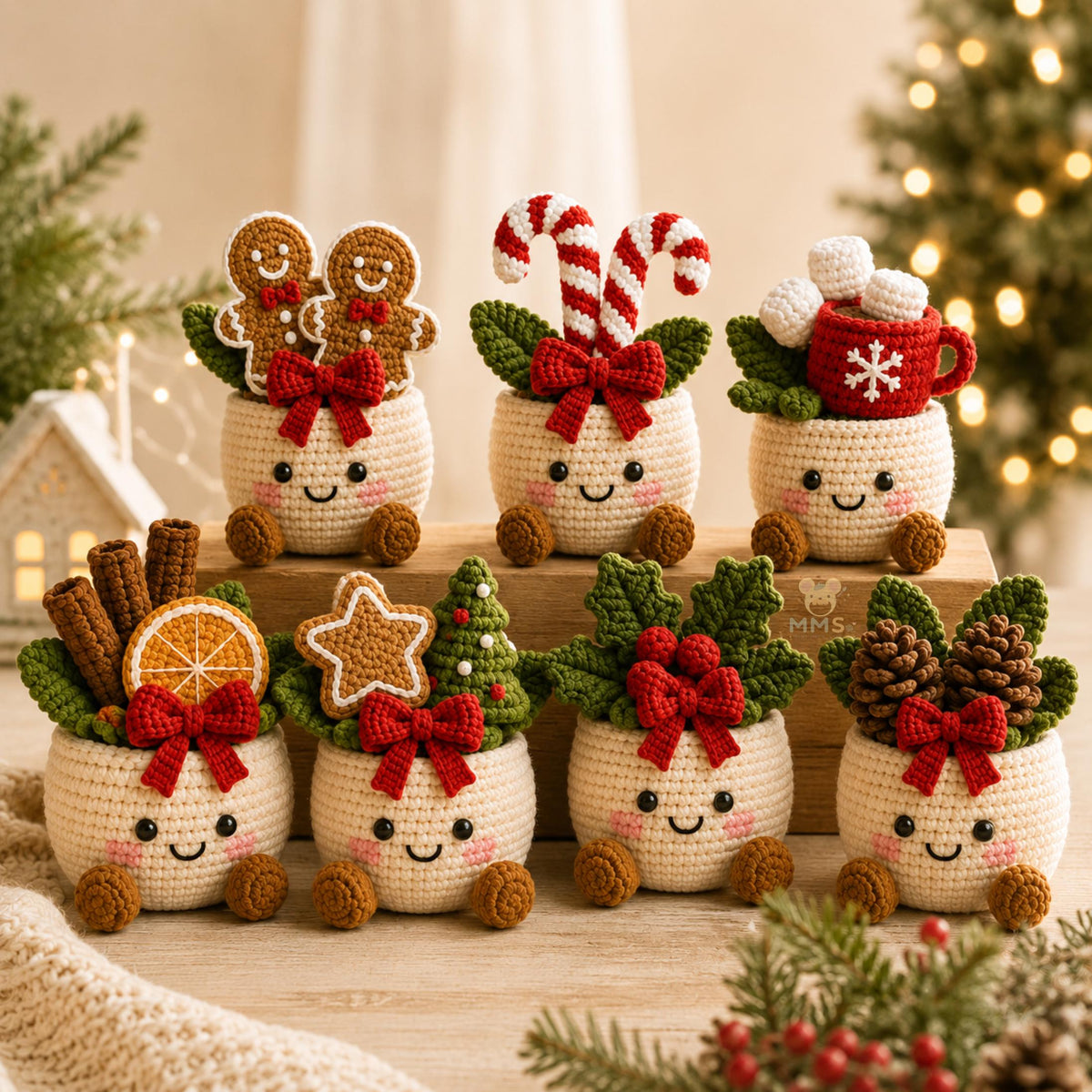 Handmade Crochet Christmas Pot Holiday Desk Ornament