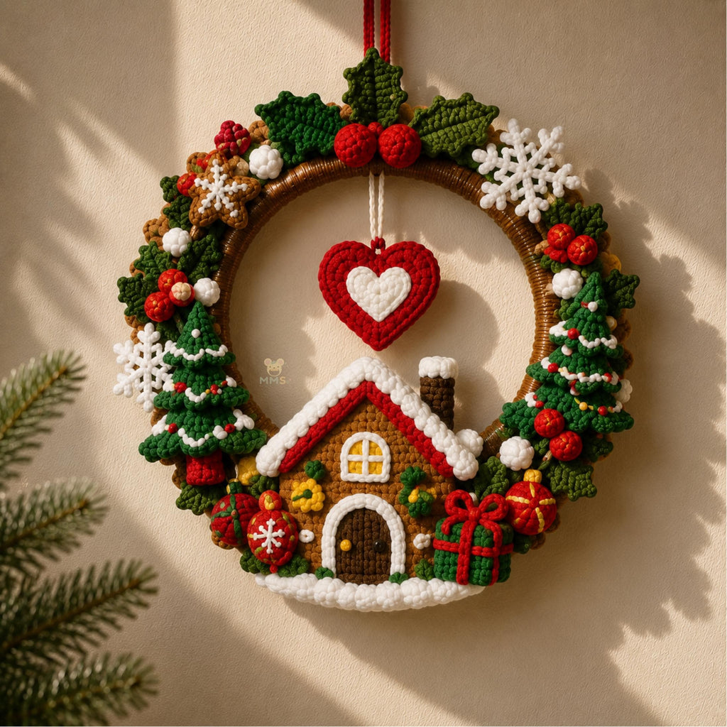Handmade Christmas Crochet Wreath Holiday Wall Hanging