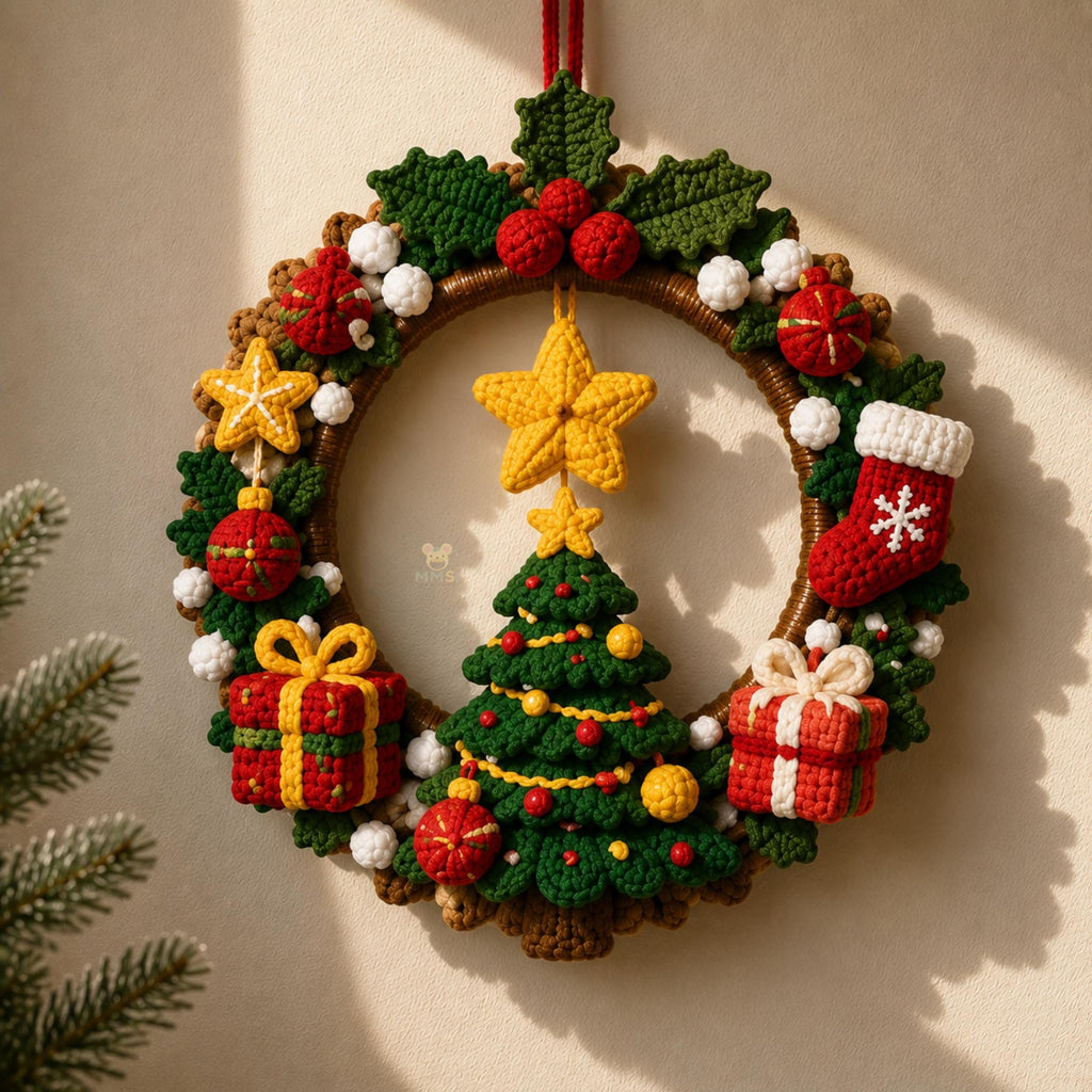Handmade Crochet Christmas Holiday Door Wreath