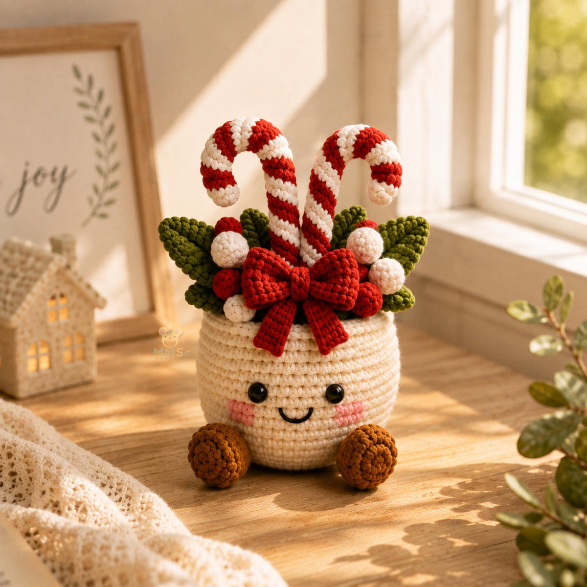 Handmade Crochet Christmas Pot Holiday Desk Ornament