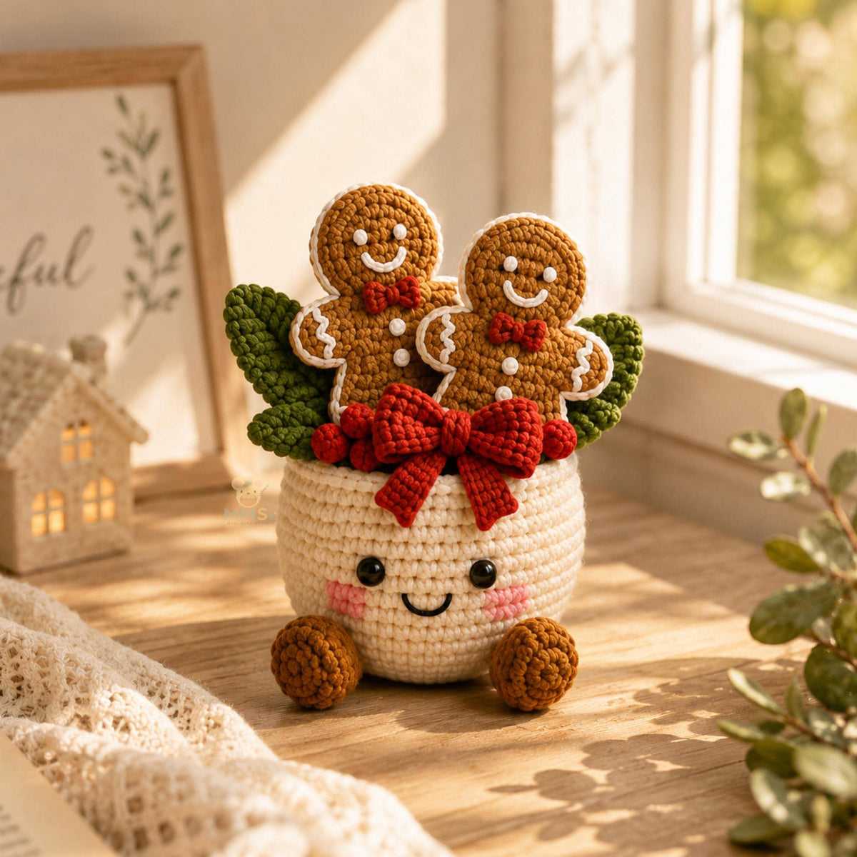 Handmade Crochet Christmas Pot Holiday Desk Ornament