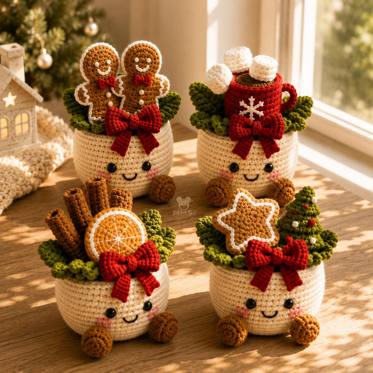 Handmade Crochet Christmas Pot Holiday Desk Ornament