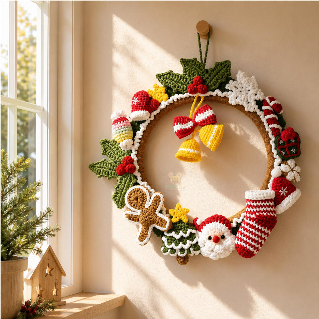 Handmade Christmas Crochet Wreath Holiday Wall Hanging