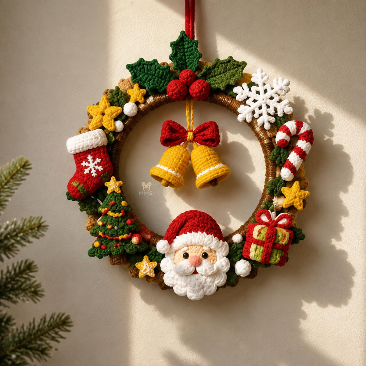 Handmade Christmas Crochet Wreath Holiday Wall Hanging