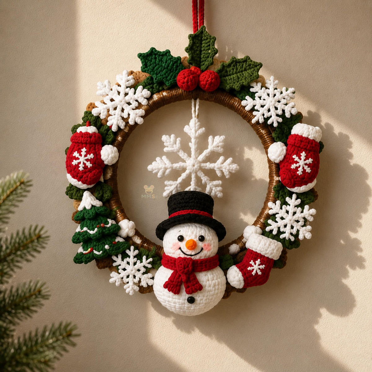 Handmade Christmas Crochet Wreath Holiday Wall Hanging