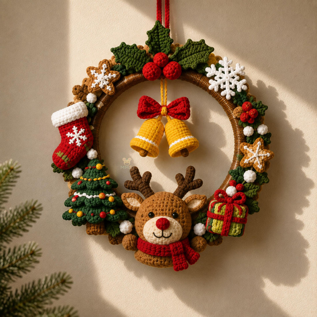 Handmade Christmas Crochet Wreath Holiday Wall Hanging