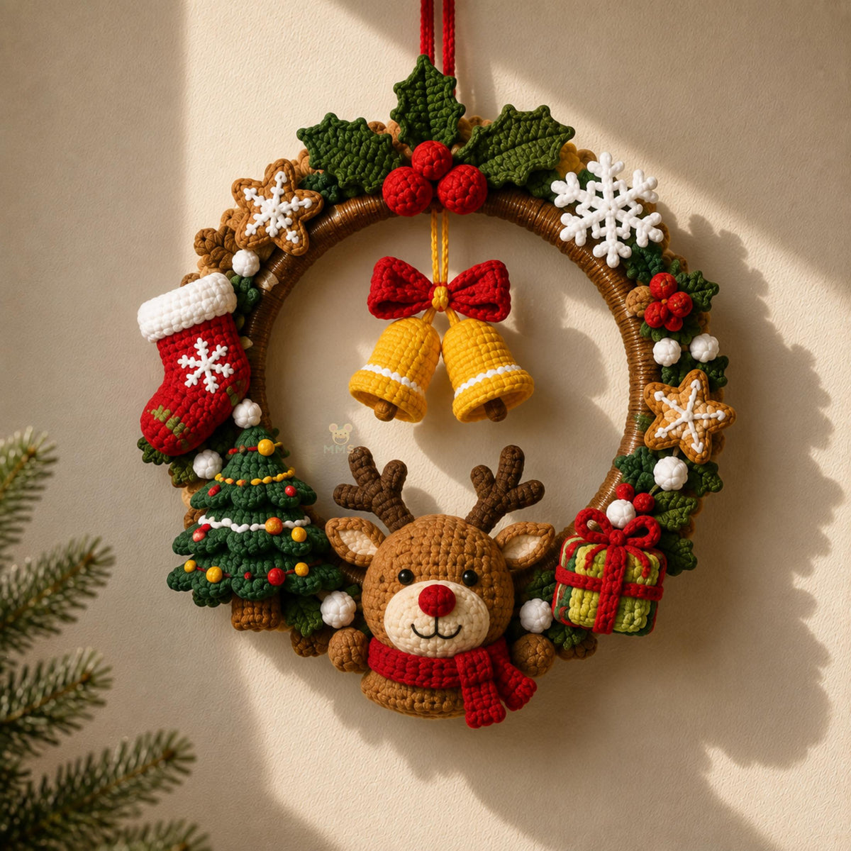 Handmade Christmas Crochet Wreath Holiday Wall Hanging