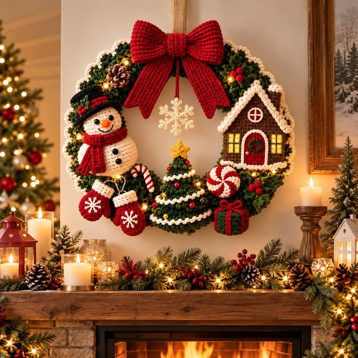 Snowman & Gingerbread House Crochet Christmas Wreath