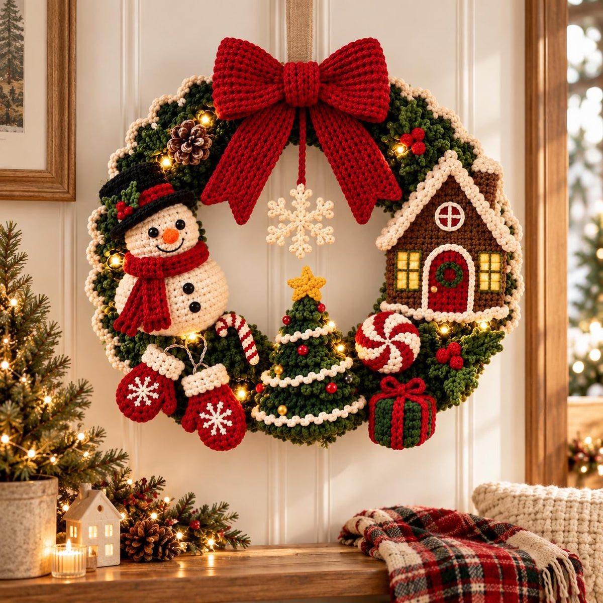 Snowman & Gingerbread House Crochet Christmas Wreath