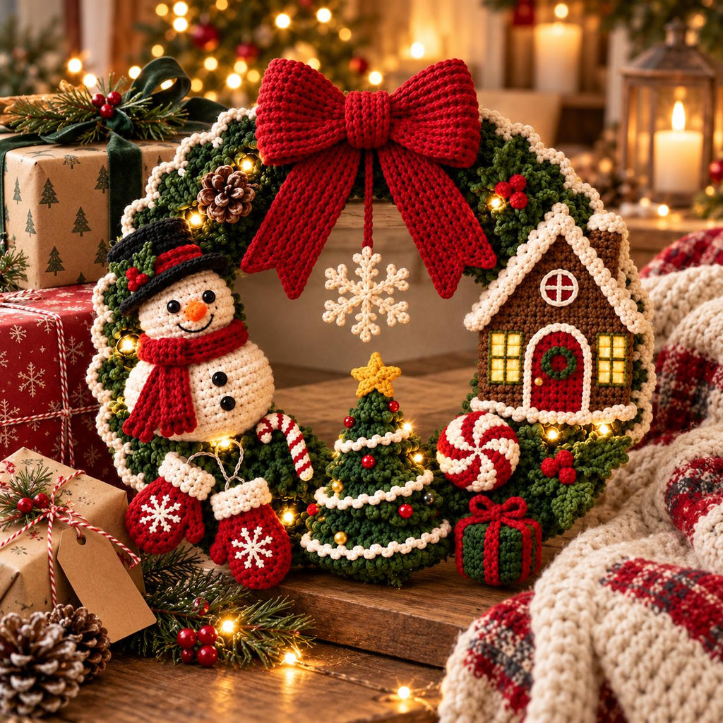 Snowman & Gingerbread House Crochet Christmas Wreath