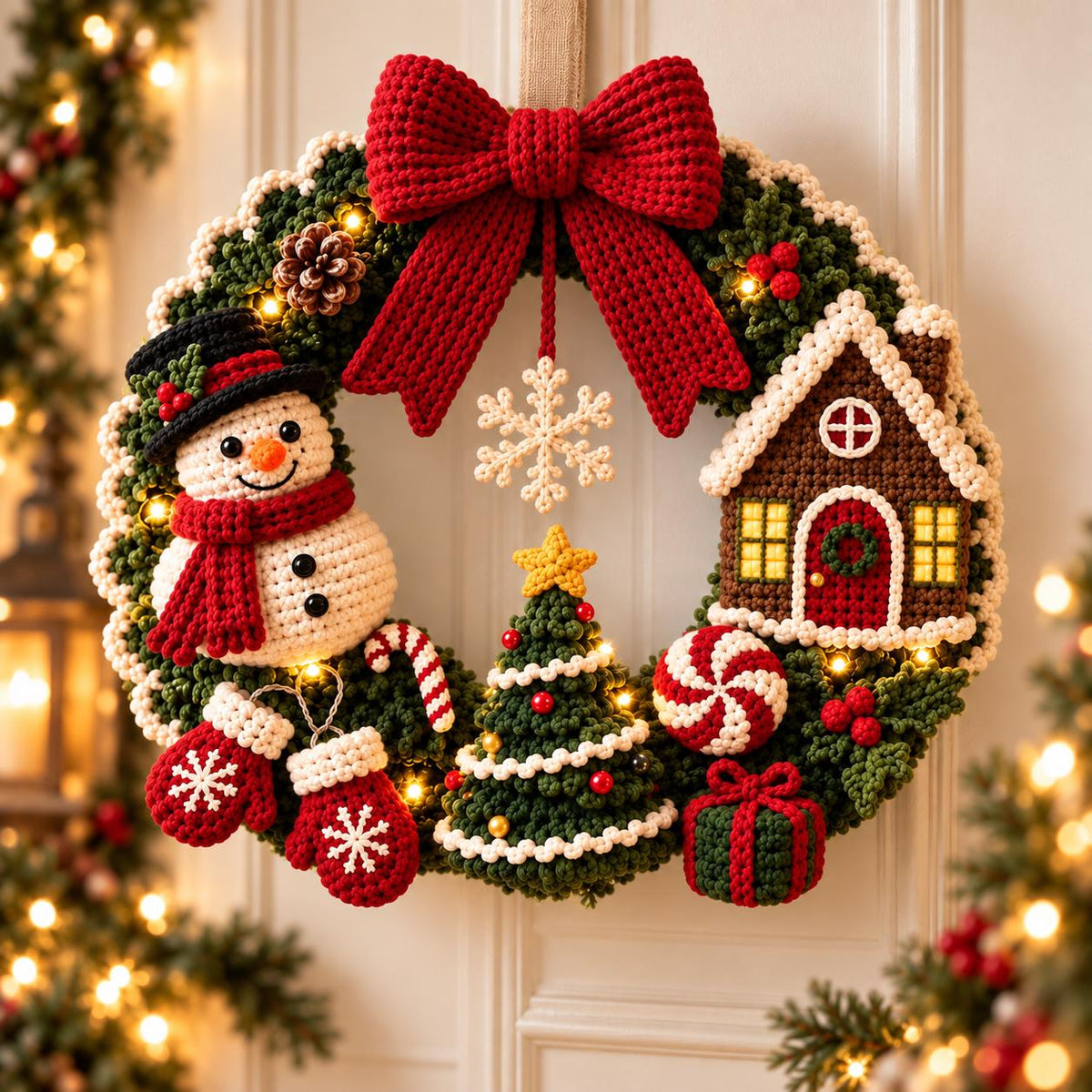 Snowman & Gingerbread House Crochet Christmas Wreath