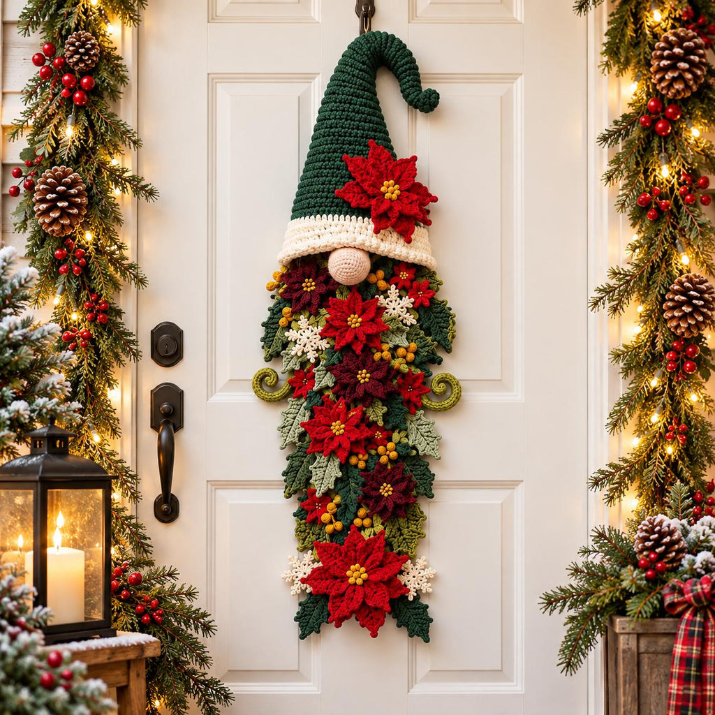 Crochet Christmas Gnome Door Hanger with Poinsettias