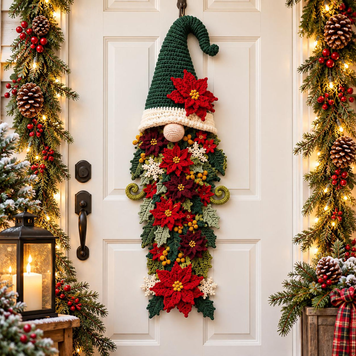Crochet Christmas Gnome Door Hanger with Poinsettias