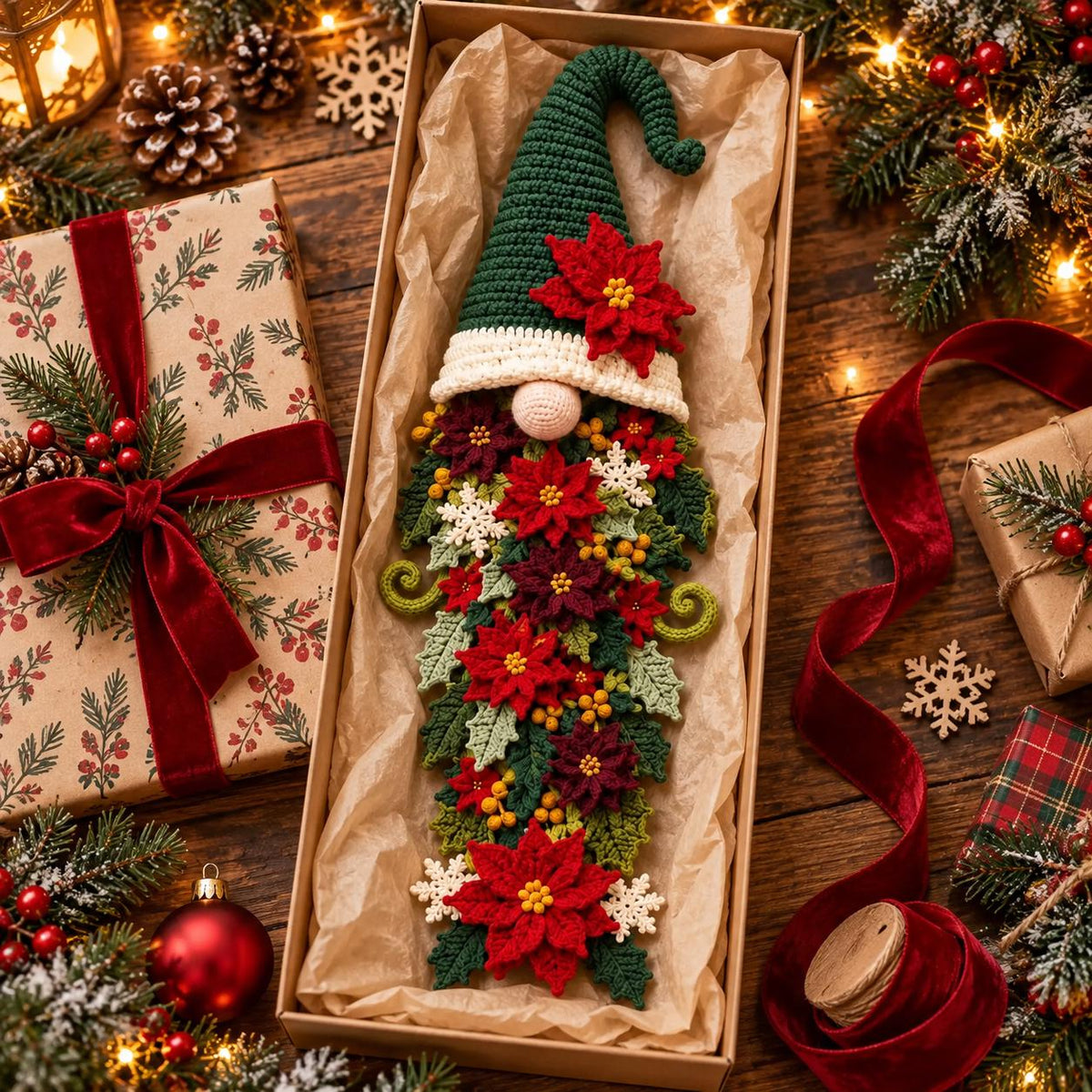Crochet Christmas Gnome Door Hanger with Poinsettias