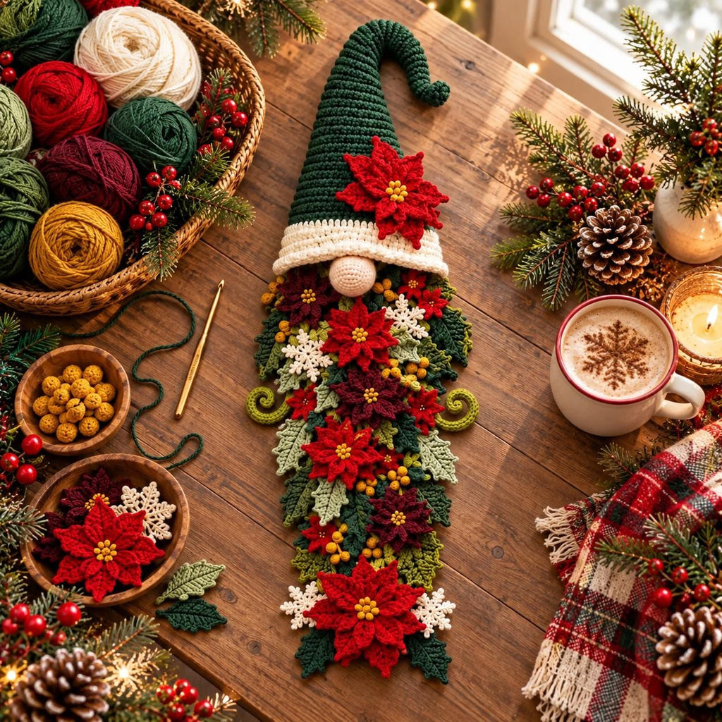 Crochet Christmas Gnome Door Hanger with Poinsettias