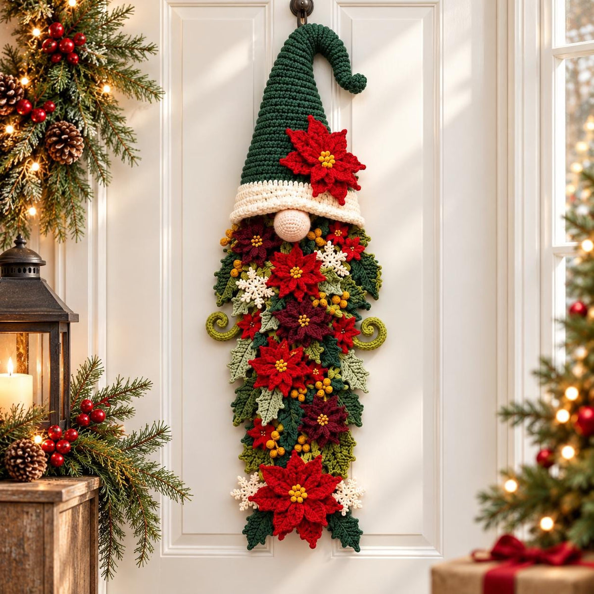 Crochet Christmas Gnome Door Hanger with Poinsettias