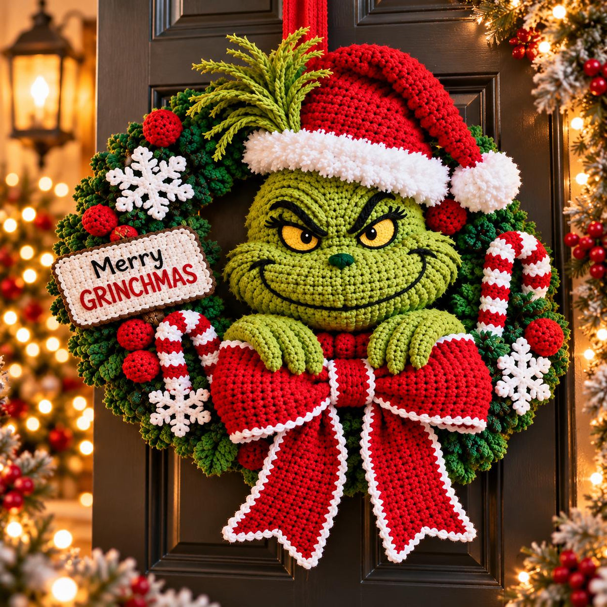 Festive Green Character Crochet Christmas Wreath