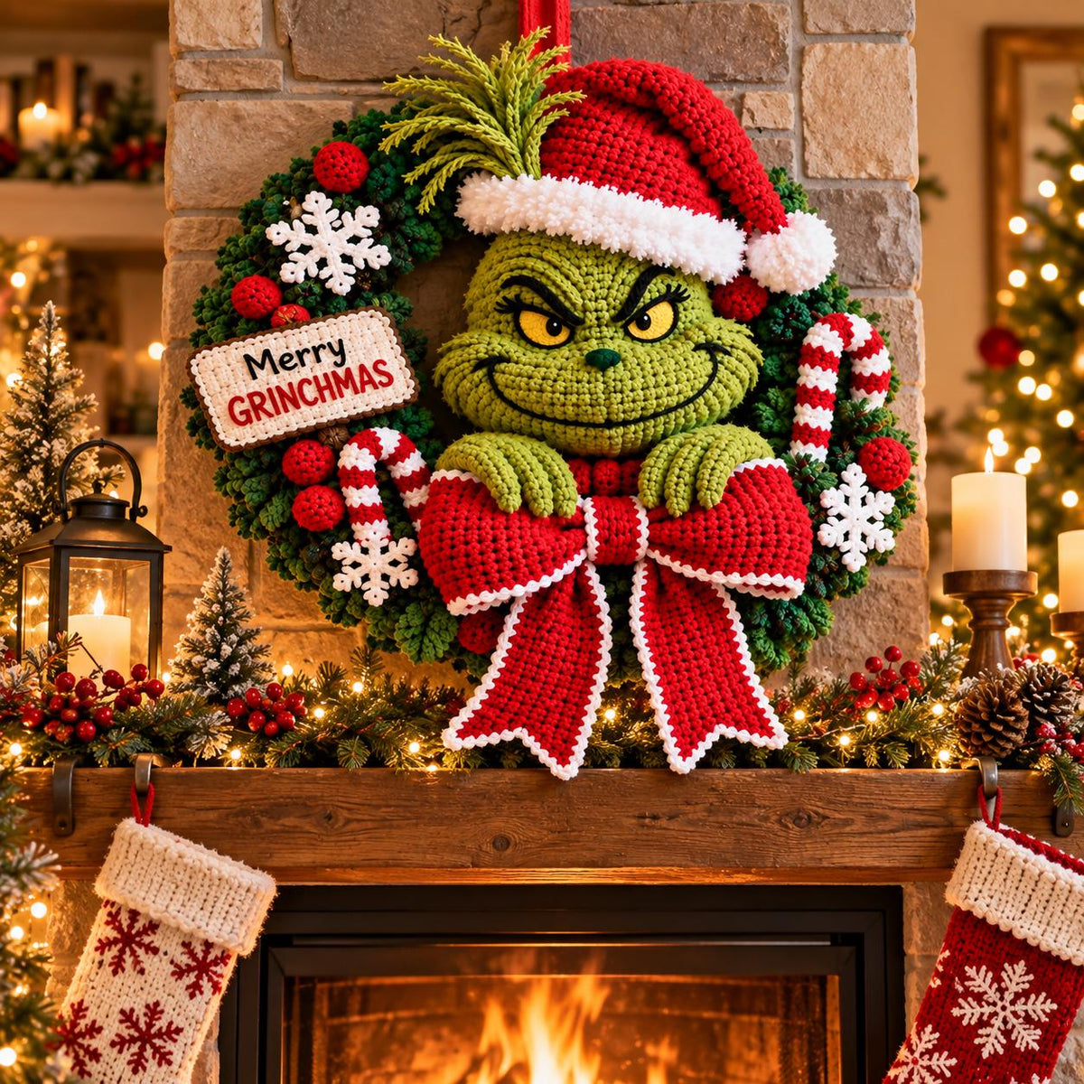 Festive Green Character Crochet Christmas Wreath