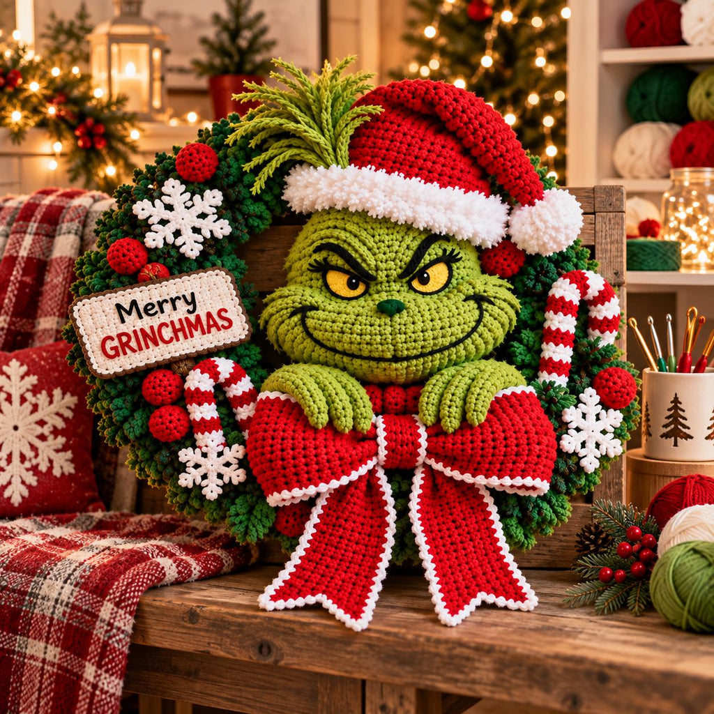 Festive Green Character Crochet Christmas Wreath