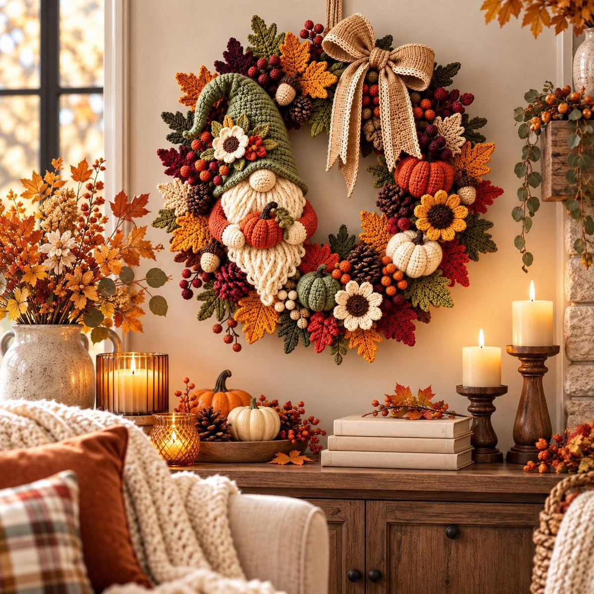 Fall Gnome & Sunflower Crochet Wreath