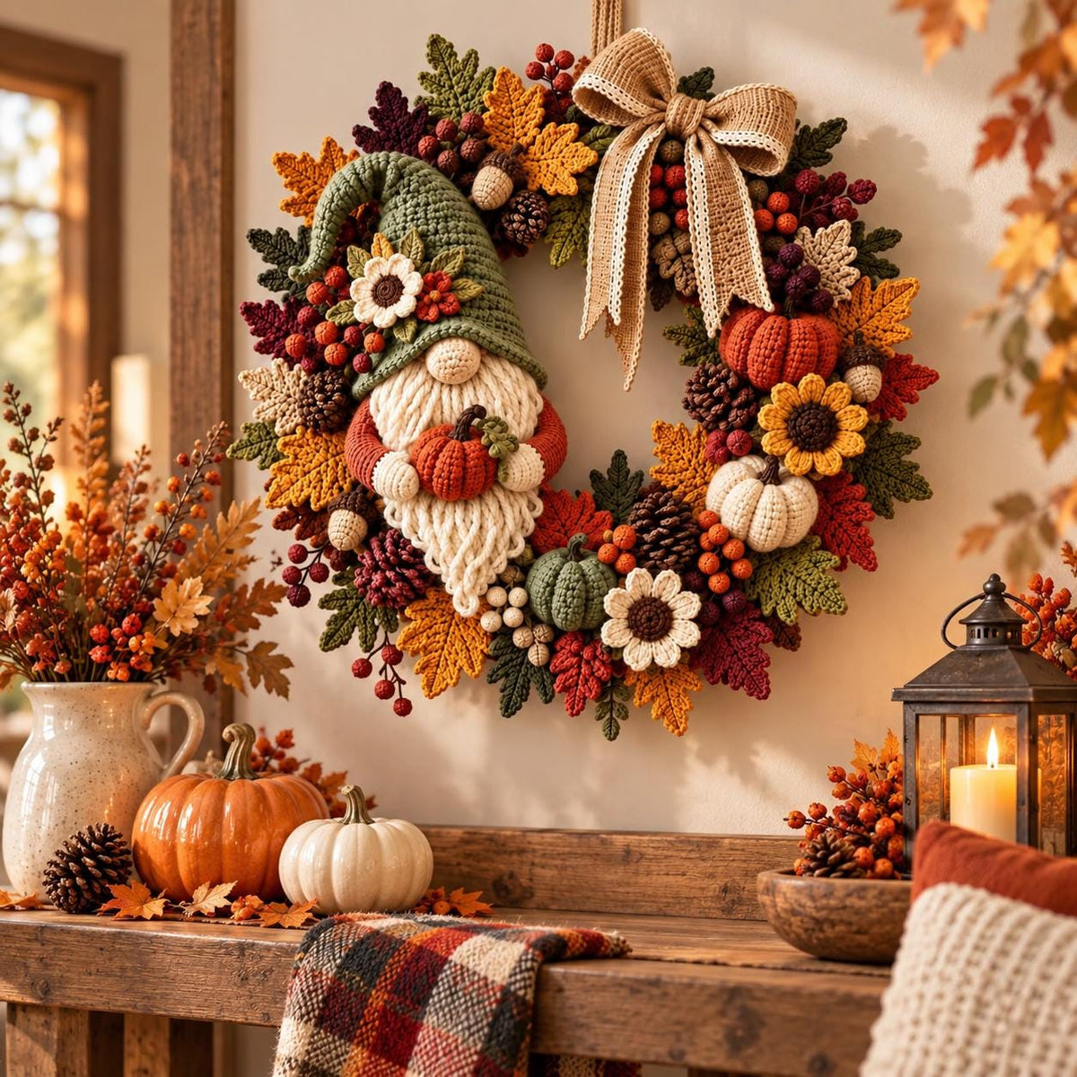 Fall Gnome & Sunflower Crochet Wreath