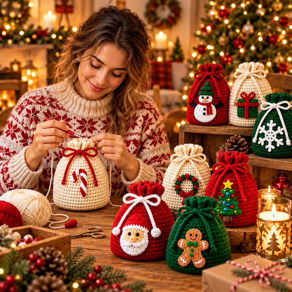 Crochet Christmas Drawstring Gift Bag