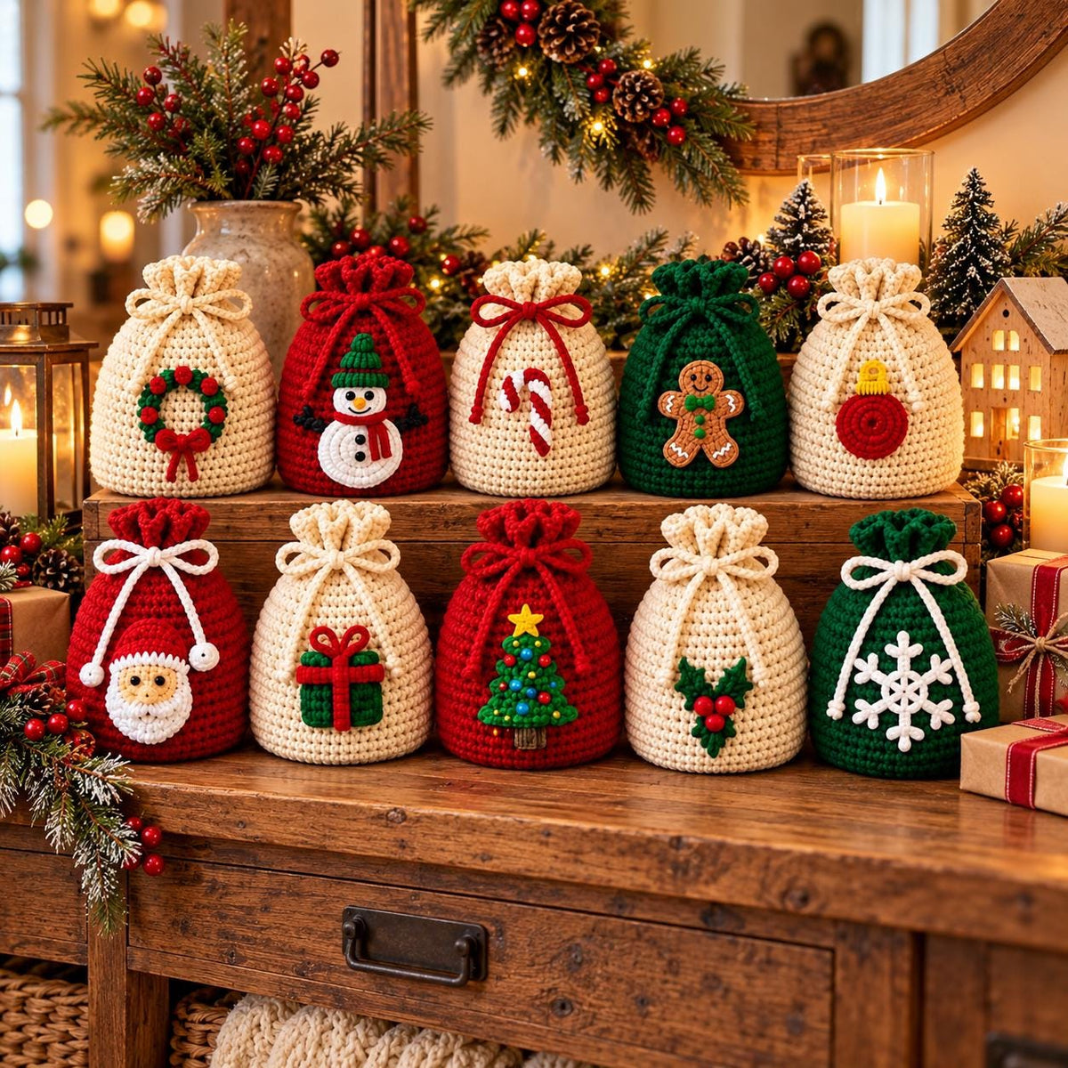 Crochet Christmas Drawstring Gift Bag
