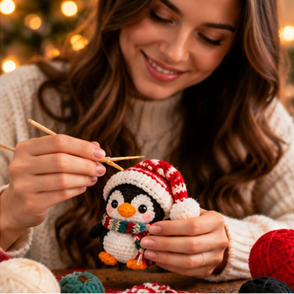 Crochet Christmas Penguin Ornament with Santa Hat