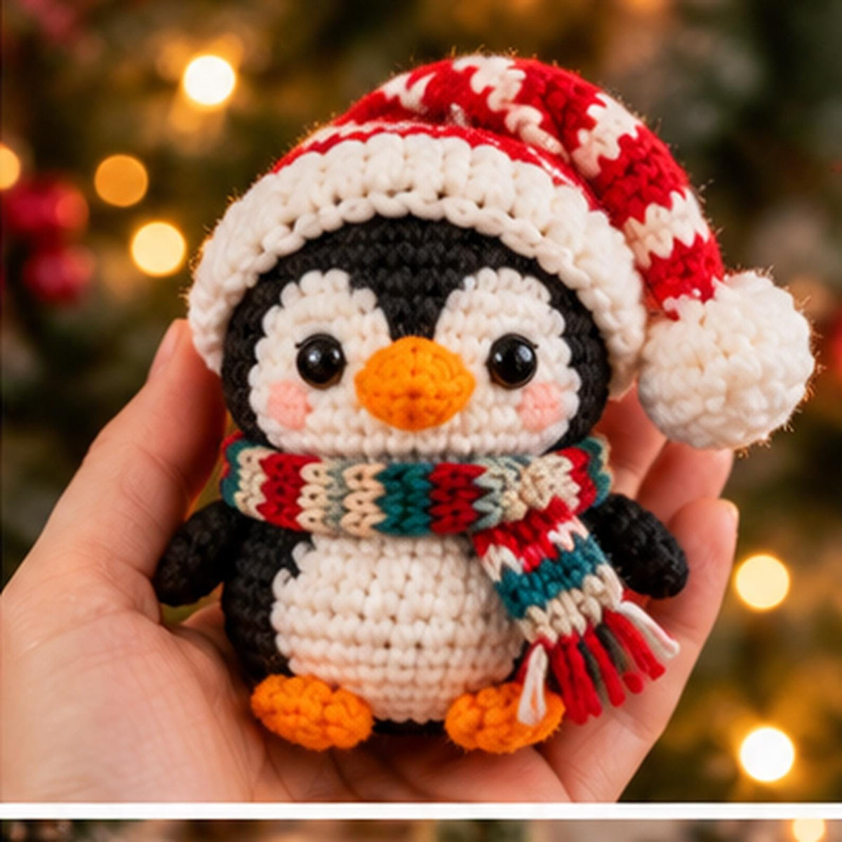 Crochet Christmas Penguin Ornament with Santa Hat