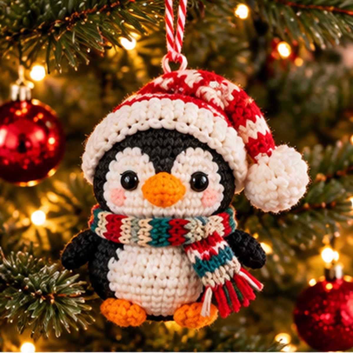 Crochet Christmas Penguin Ornament with Santa Hat