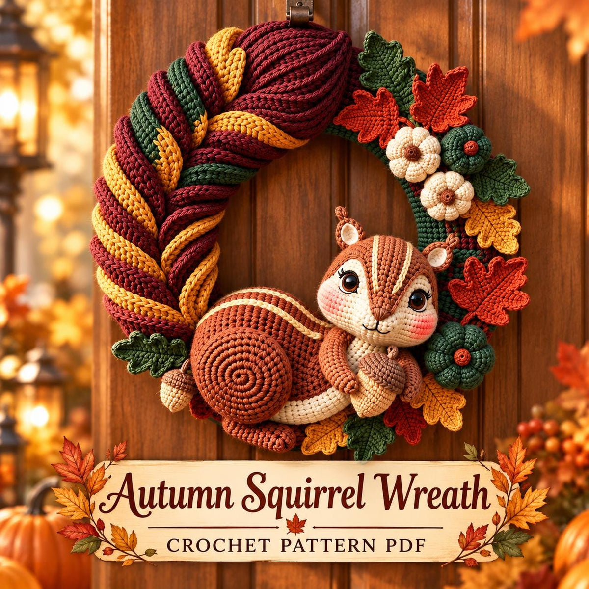 Autumn Squirrel Crochet Door Wreath