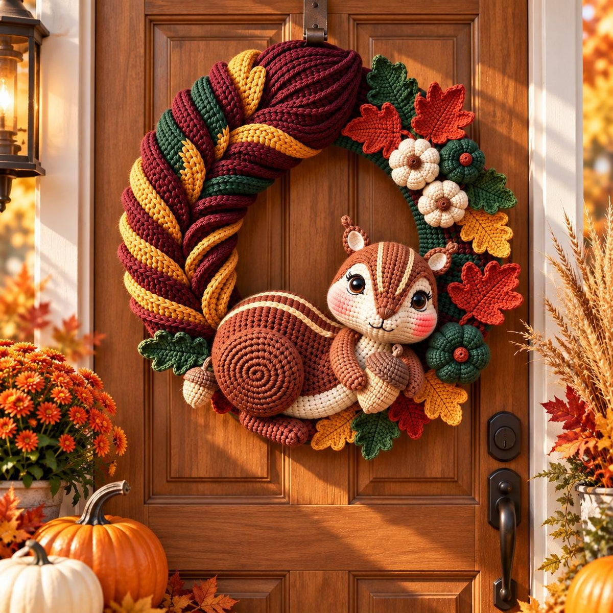 Autumn Squirrel Crochet Door Wreath