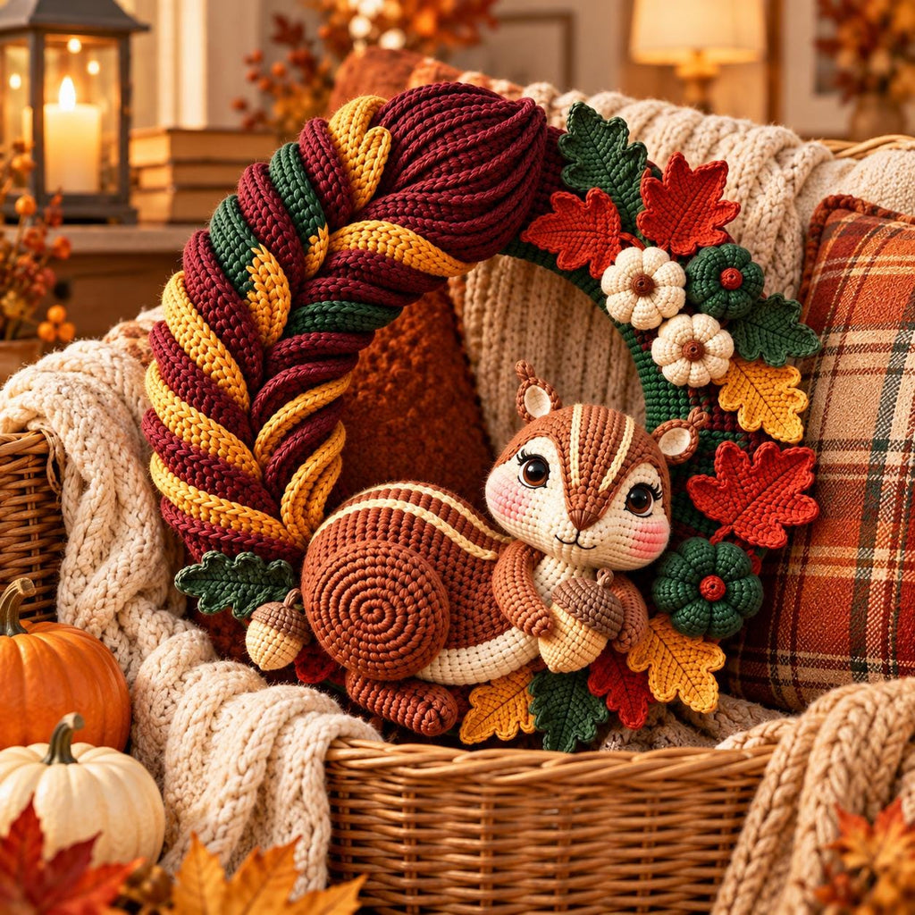 Autumn Squirrel Crochet Door Wreath