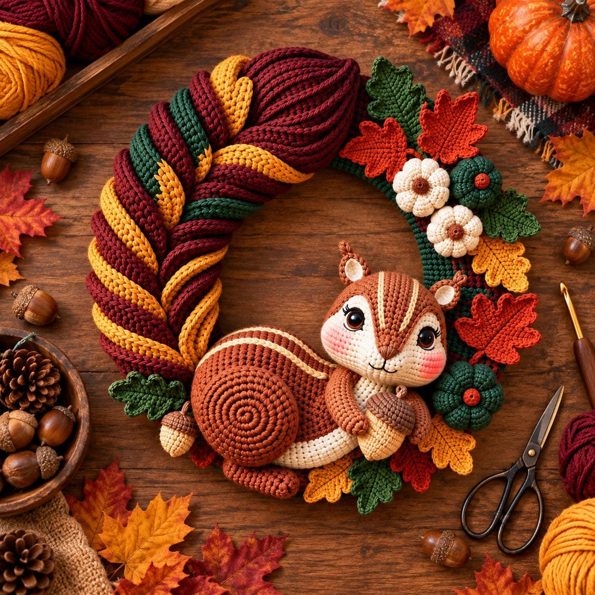 Autumn Squirrel Crochet Door Wreath