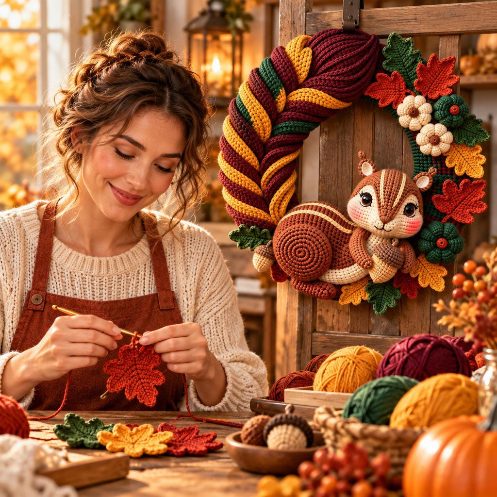 Autumn Squirrel Crochet Door Wreath