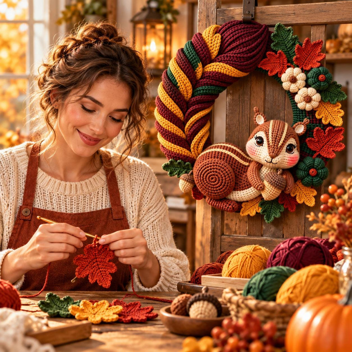 Autumn Squirrel Crochet Door Wreath
