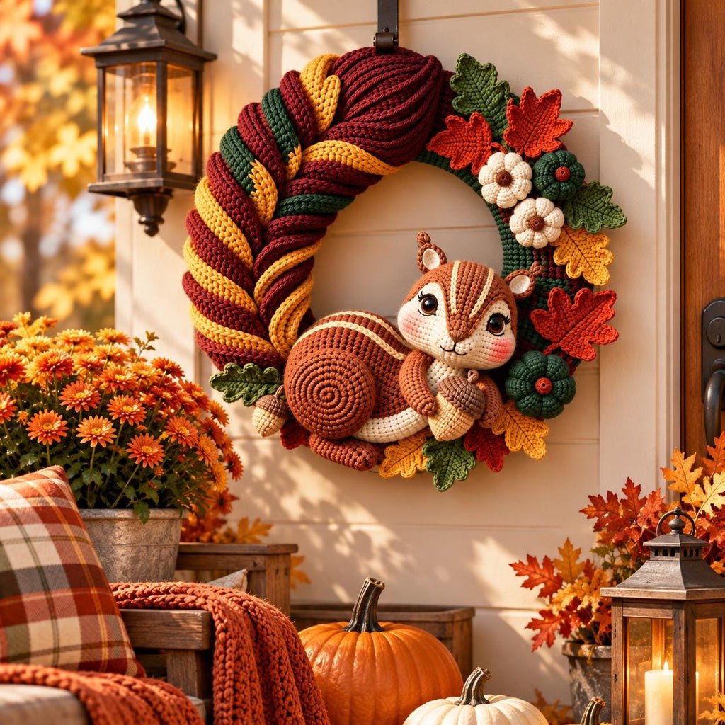 Autumn Squirrel Crochet Door Wreath