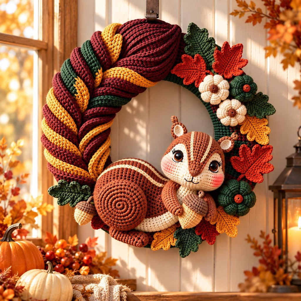Autumn Squirrel Crochet Door Wreath