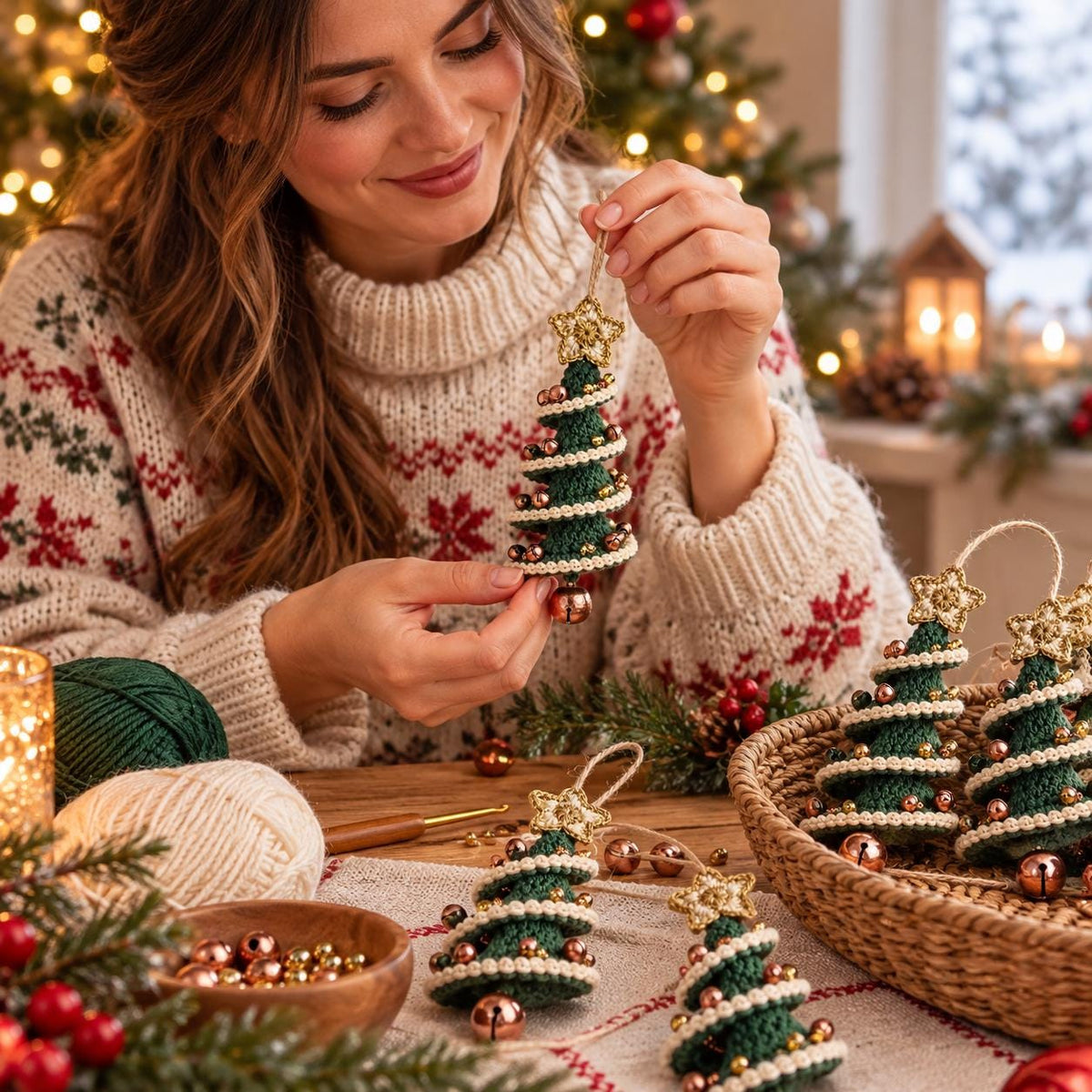 Spiral Crochet Christmas Tree Ornament with Star Topper