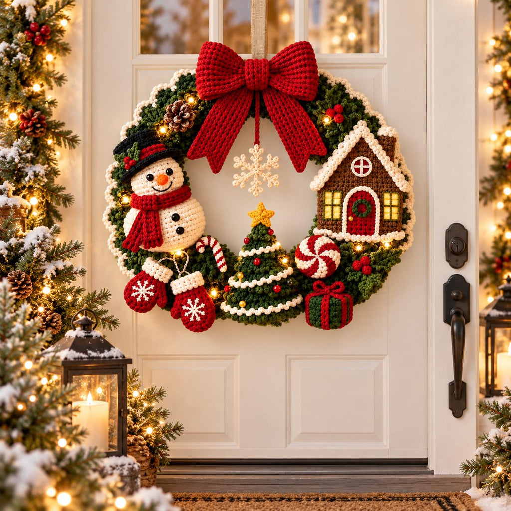 Snowman & Gingerbread House Crochet Christmas Wreath