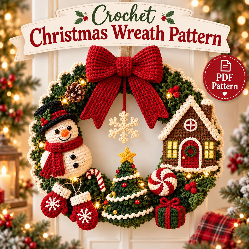 Snowman & Gingerbread House Crochet Christmas Wreath
