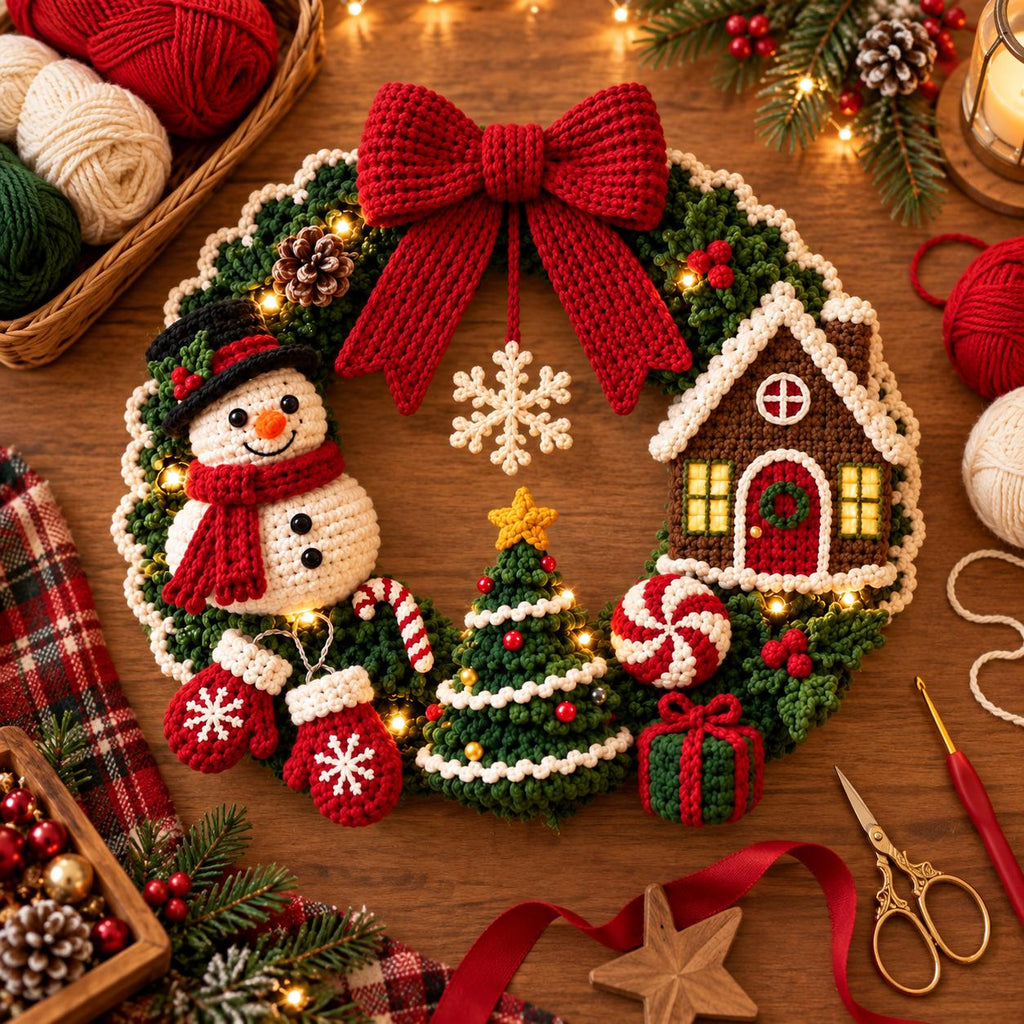 Snowman & Gingerbread House Crochet Christmas Wreath