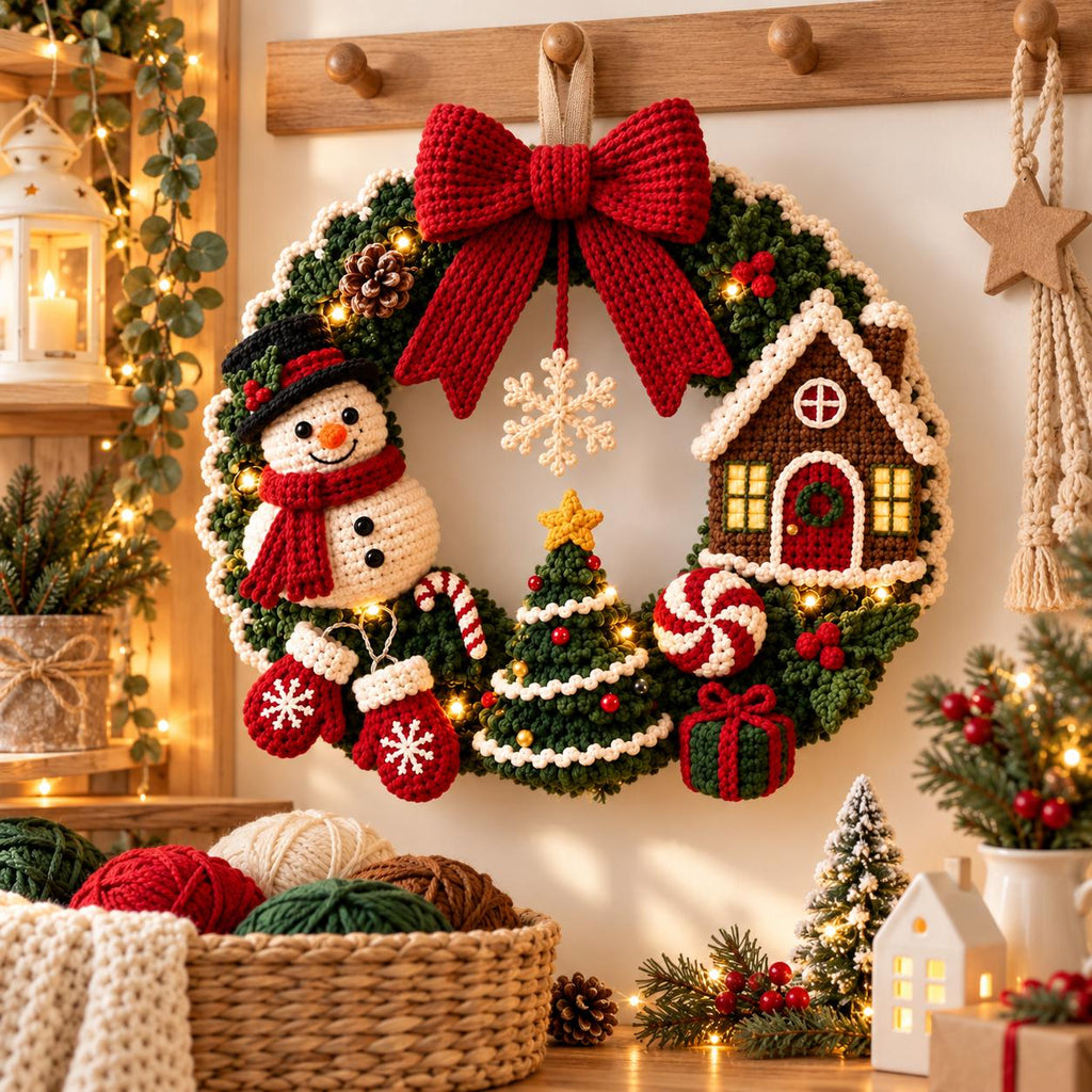 Snowman & Gingerbread House Crochet Christmas Wreath