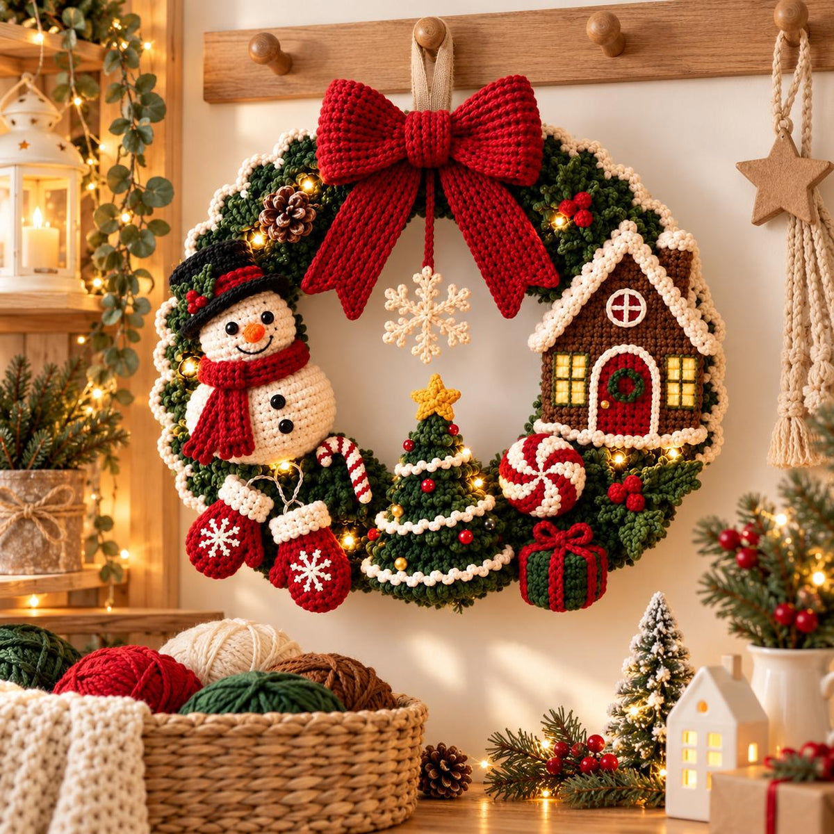 Snowman & Gingerbread House Crochet Christmas Wreath