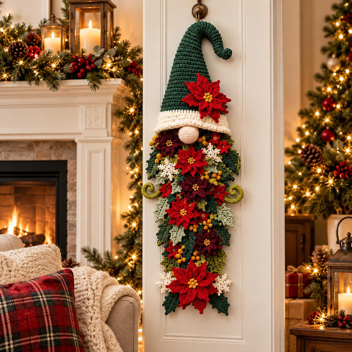 Crochet Christmas Gnome Door Hanger with Poinsettias