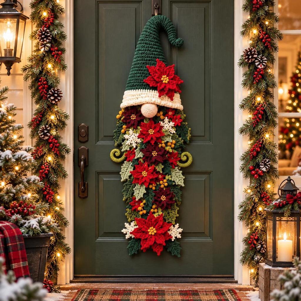 Crochet Christmas Gnome Door Hanger with Poinsettias