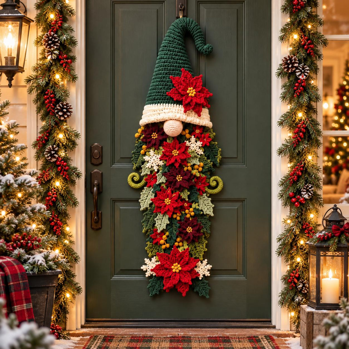 Crochet Christmas Gnome Door Hanger with Poinsettias