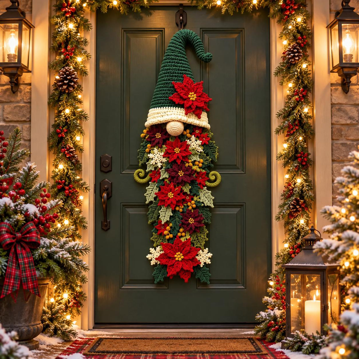 Crochet Christmas Gnome Door Hanger with Poinsettias