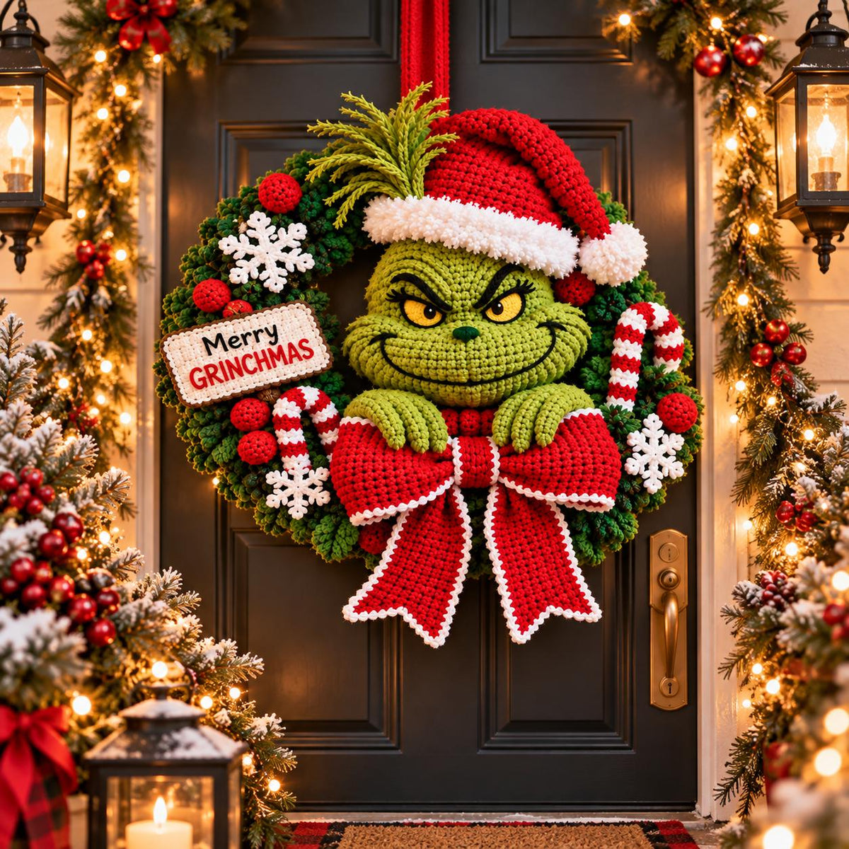 Festive Green Character Crochet Christmas Wreath
